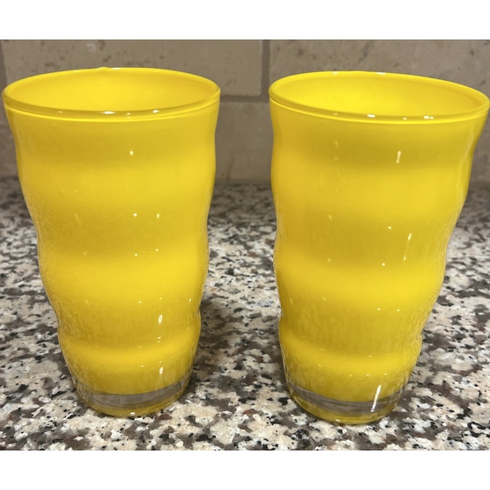 Set Of 2 Dansk MCM Rio Tumblers Glasses 16 oz Wavy Ripple Glass Yellow